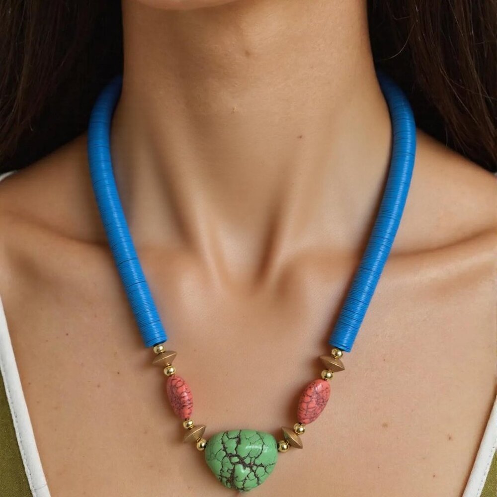 Blue/Coral/Green beaded choker